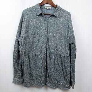 Frye Monica Floral Boho Long Sleeve Top Sz‎ L Dusky Blue Babydoll Crinkle Tunic